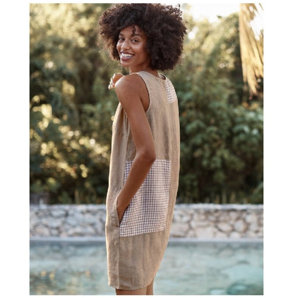 Garnet Hill Hillside Linen Patchwork Dress Natural Tan Size L